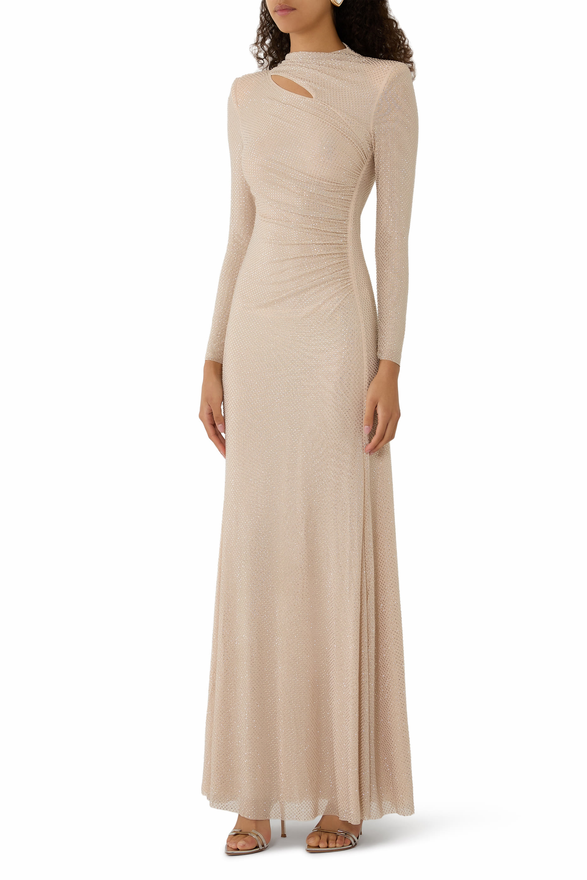 Rhinestone Mesh Cut-Out Maxi Dress